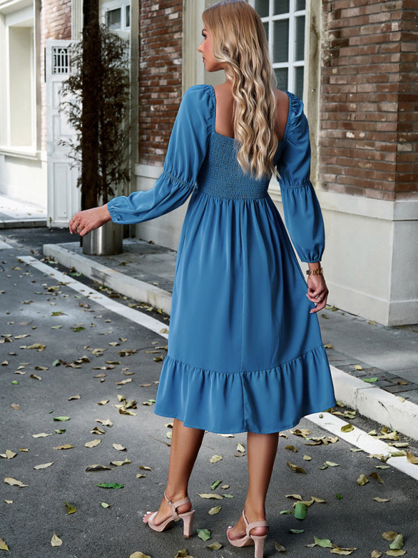 Women's Elegant Solid Color Square Neck Long Sleeve Dress - Venus Trendy Fashion Online