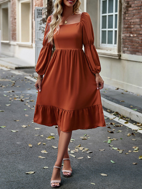 Women's Elegant Solid Color Square Neck Long Sleeve Dress - Venus Trendy Fashion Online