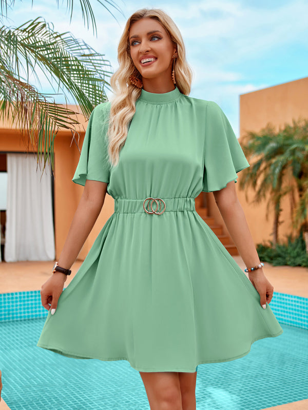 Solid color half turtleneck short-sleeved casual dress with belt - Venus Trendy Fashion Online