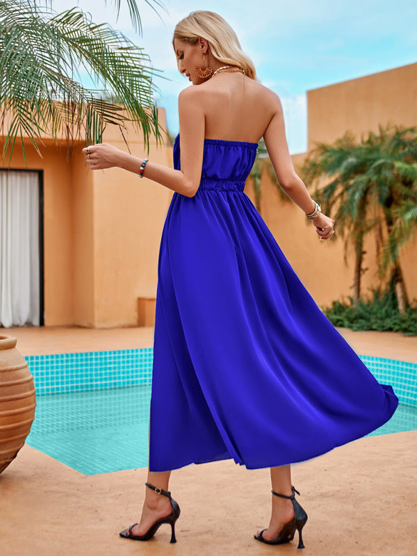 Solid color bandeau waist trendy long dress - Venus Trendy Fashion Online