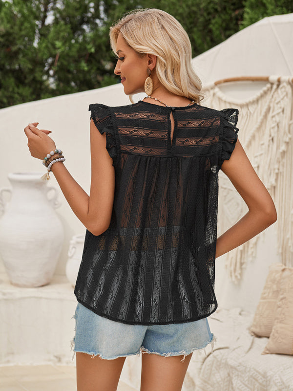 Casual solid color lace slim fit small flying sleeve top - Venus Trendy Fashion Online