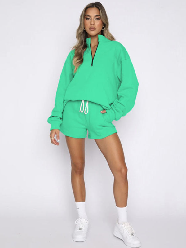 Women's New Solid Color Stand Collar Zipper Pullover Long Sleeve Sweatshirt Shorts Set - Venus Trendy Fashion Online