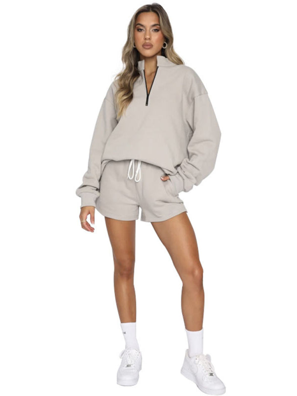 Women's New Solid Color Stand Collar Zipper Pullover Long Sleeve Sweatshirt Shorts Set - Venus Trendy Fashion Online