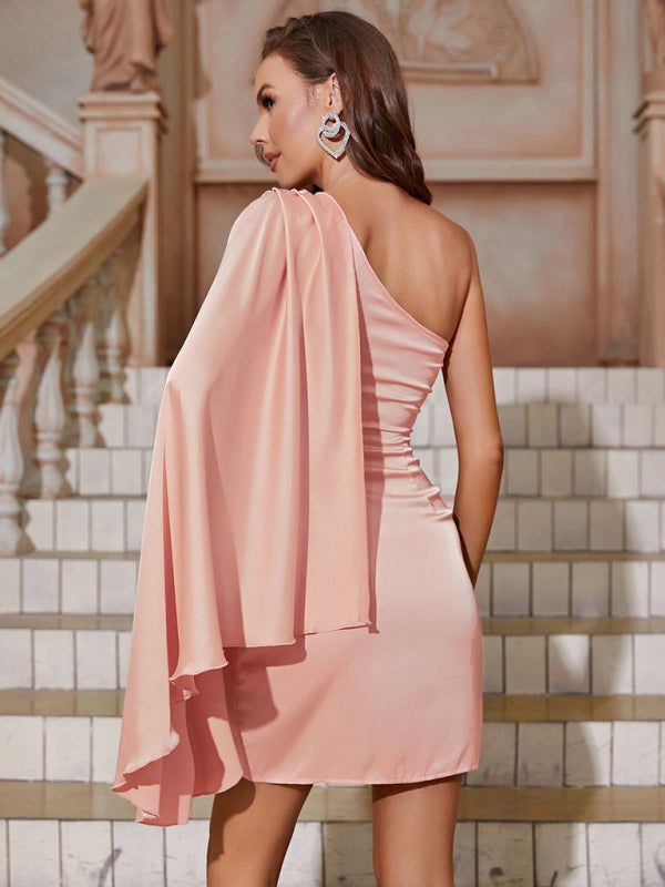 Women's Solid Color Sloped Shoulder Prom Evening Dress - Venus Trendy Fashion Online