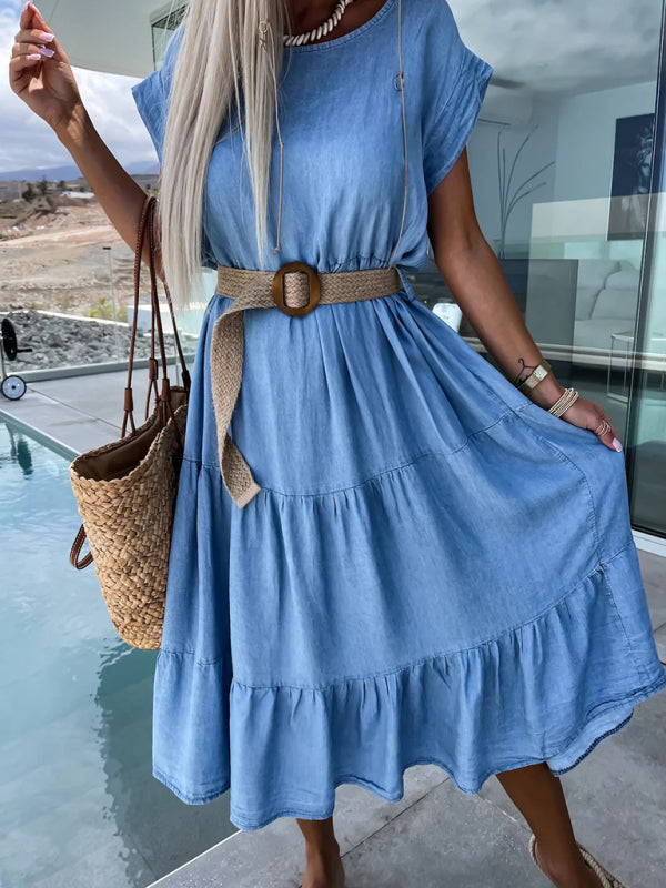 New fashionable waisted simple round neck solid color dress without belt - Venus Trendy Fashion Online