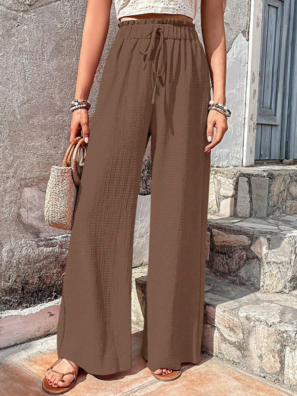Elastic waist puff plaid casual wide leg pants - Venus Trendy Fashion Online