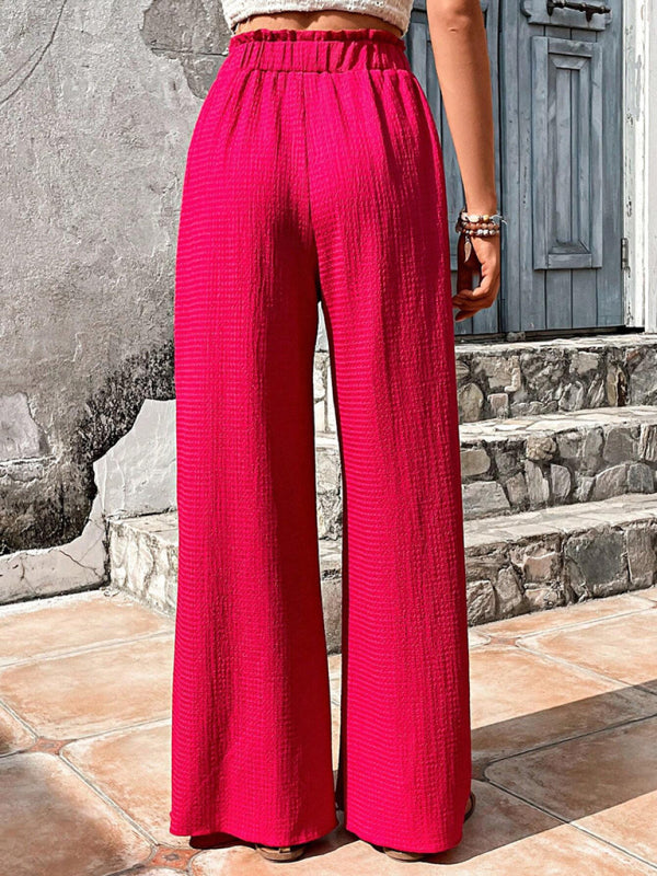 Elastic waist puff plaid casual wide leg pants - Venus Trendy Fashion Online
