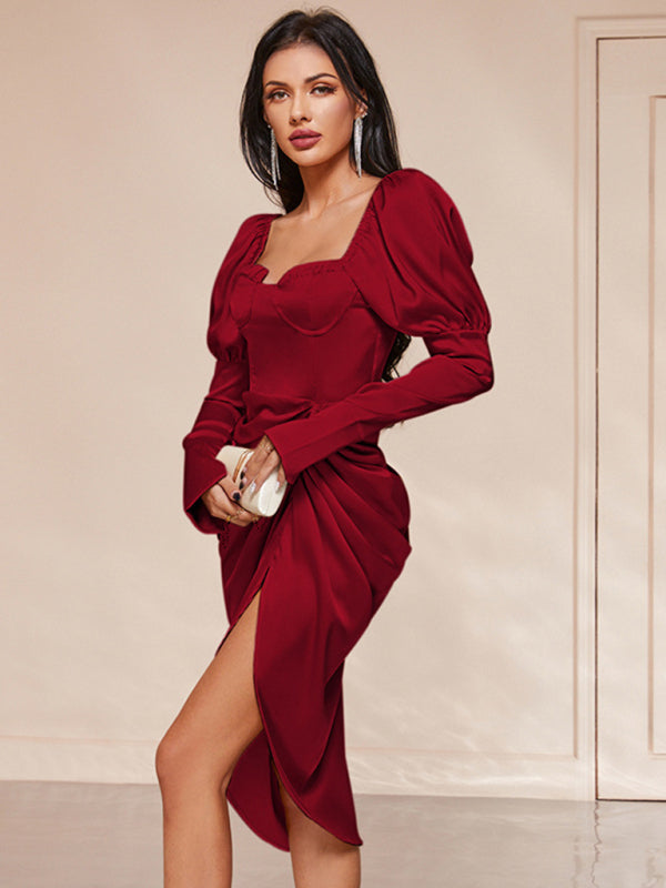 Satin puff sleeves smocked waist high slit dress - Venus Trendy Fashion Online