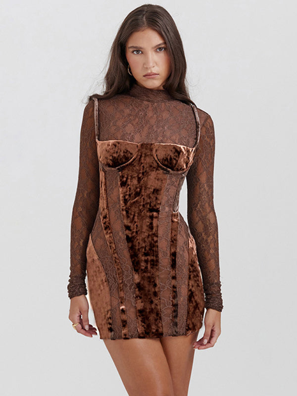New high collar lace long sleeve hollow contrasting color slim fit dress - Venus Trendy Fashion Online