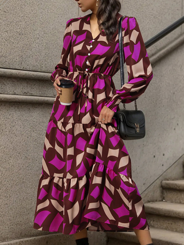 Women's New Long Sleeve Geometric Print V-Neck Midi Dress - Venus Trendy Fashion Online
