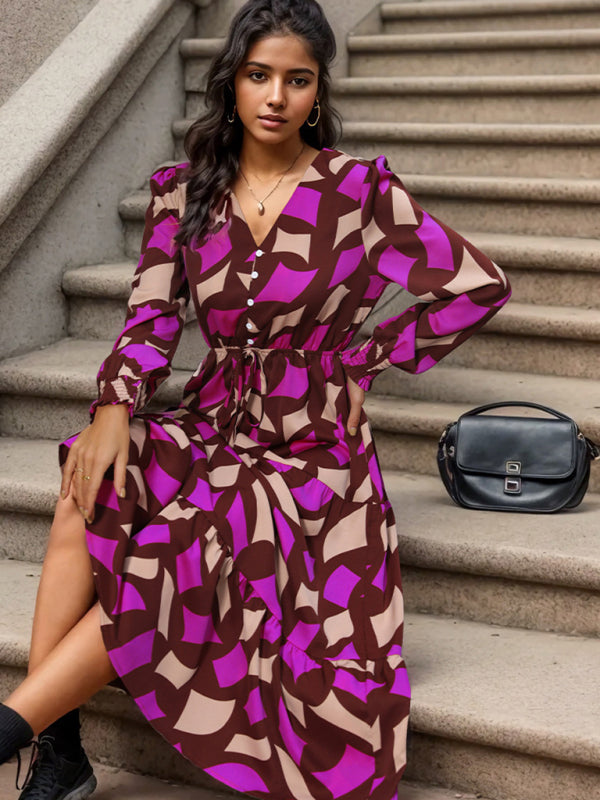 Women's New Long Sleeve Geometric Print V-Neck Midi Dress - Venus Trendy Fashion Online