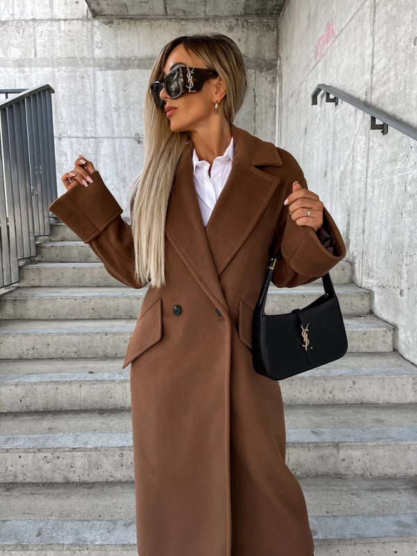 Women's new long-sleeved suit collar double-breasted woolen coat top - Venus Trendy Fashion Online