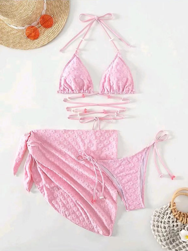 Feminine and cute three-piece bikini with floral lace pattern - Venus Trendy Fashion Online