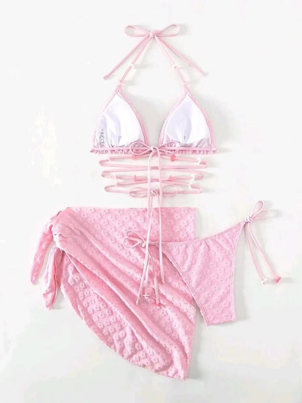 Feminine and cute three-piece bikini with floral lace pattern - Venus Trendy Fashion Online