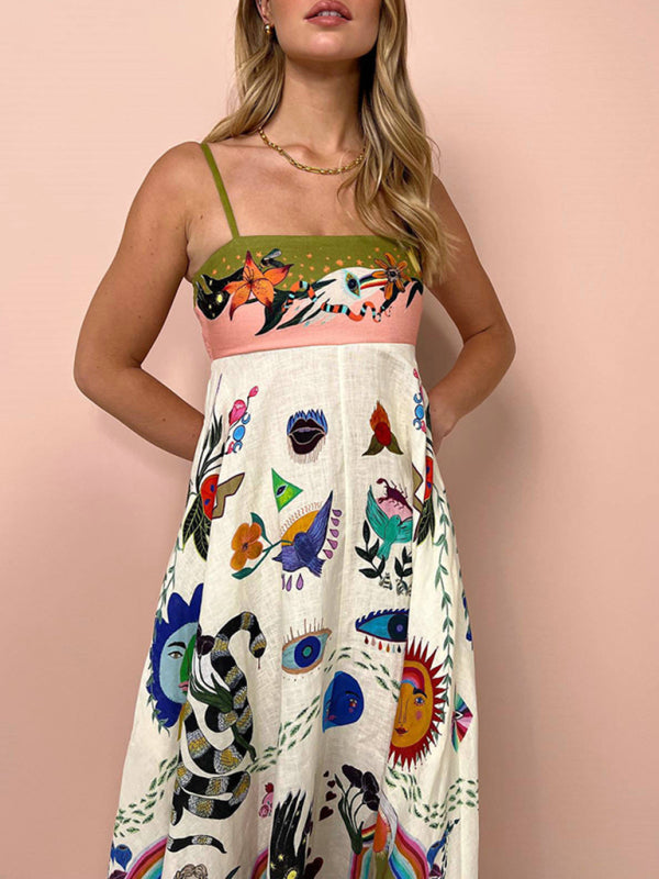 Women's New Sexy Cotton and Linen Suspender Graffiti Print Sleeveless Swing Dress - Venus Trendy Fashion Online