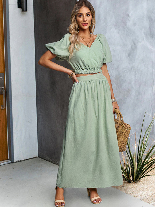 Women's new solid color V-neck short-sleeved top and skirt suit - Venus Trendy Fashion Online
