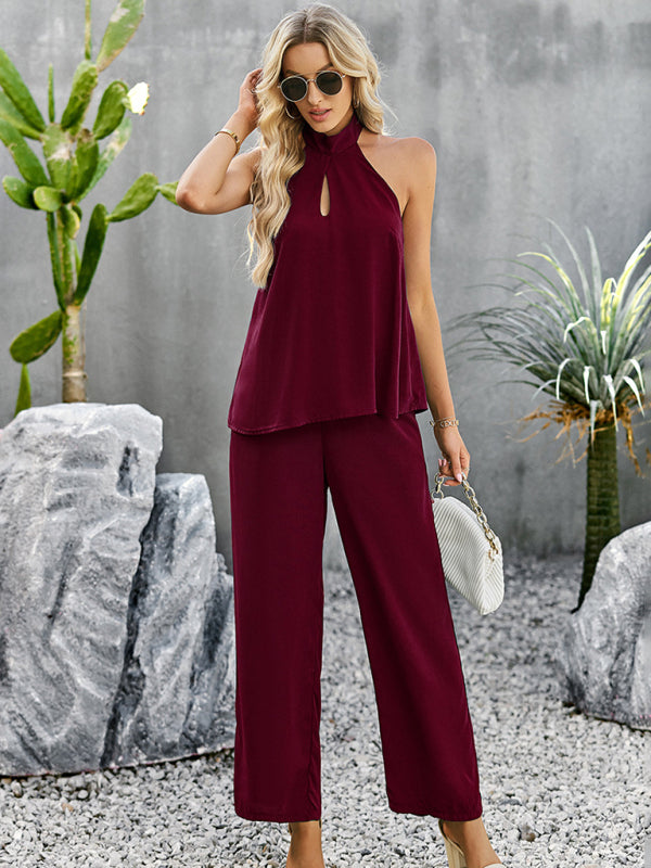 Women's new elegant and fashionable halterneck sleeveless tops and straight pants two-piece set - Venus Trendy Fashion Online