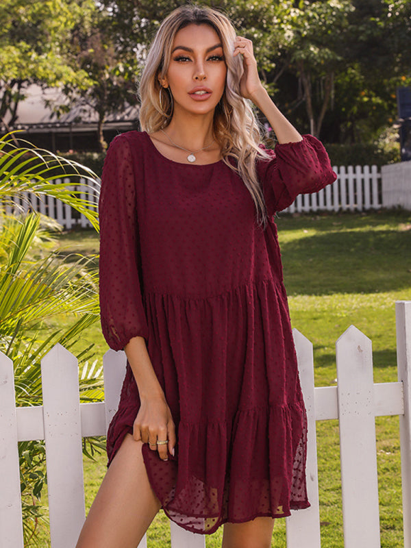 Women's new fashion solid color splicing lace loose dress - Venus Trendy Fashion Online