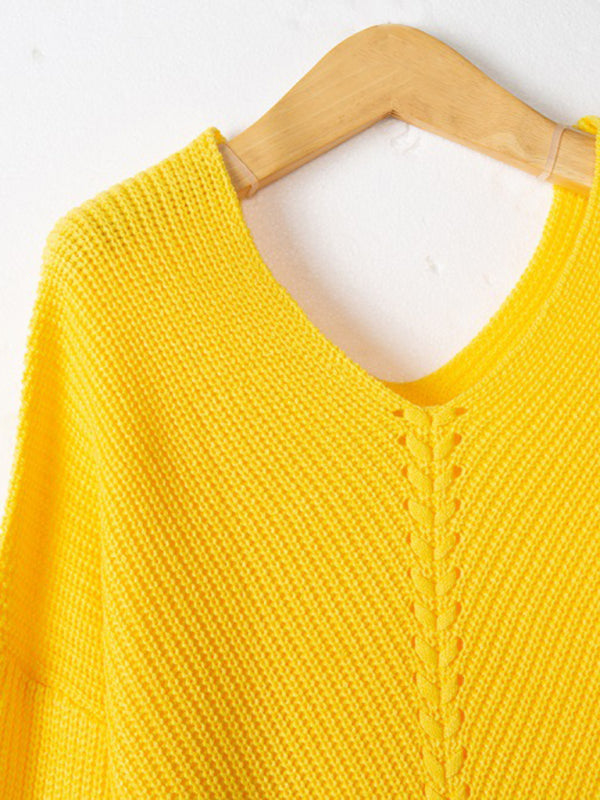 Women's long sleeve loose V-neck drawstring pullover sweater - Venus Trendy Fashion Online
