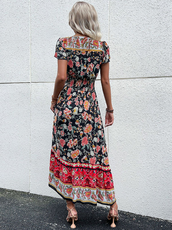 Women's new v-neck ethnic style printed slit dress - Venus Trendy Fashion Online