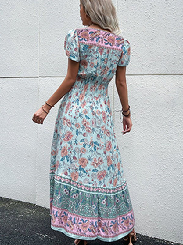 Women's new v-neck ethnic style printed slit dress - Venus Trendy Fashion Online