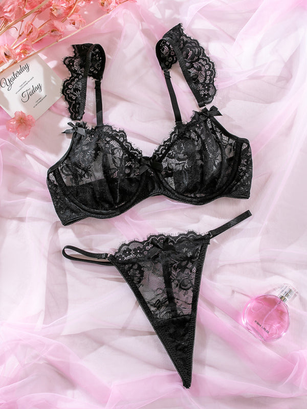 New sexy lace ruffle sleeves bow sexy lingerie set - Venus Trendy Fashion Online