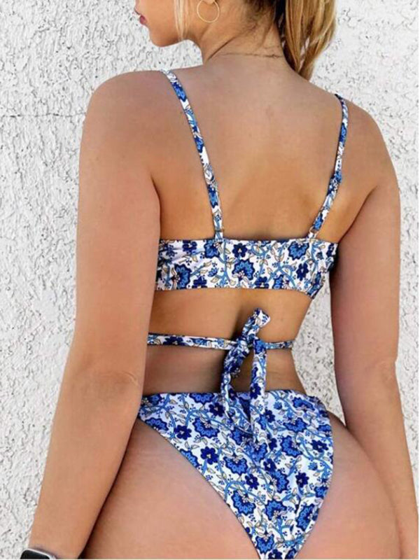 Women's cross-string digital print hook-and-edge split swimsuit - Venus Trendy Fashion Online