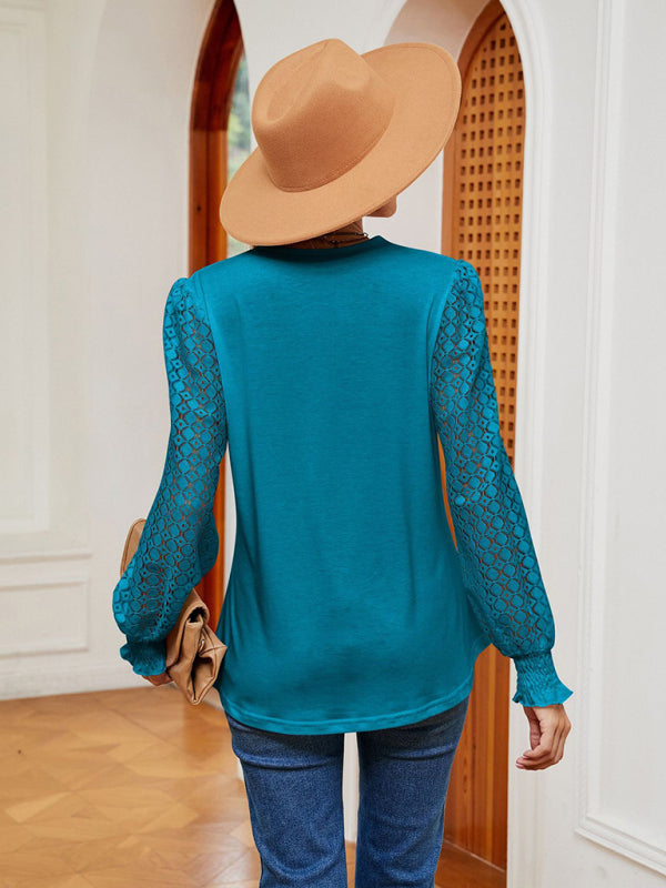 V-neck lace patchwork hollow long-sleeved loose top T-shirt - Venus Trendy Fashion Online