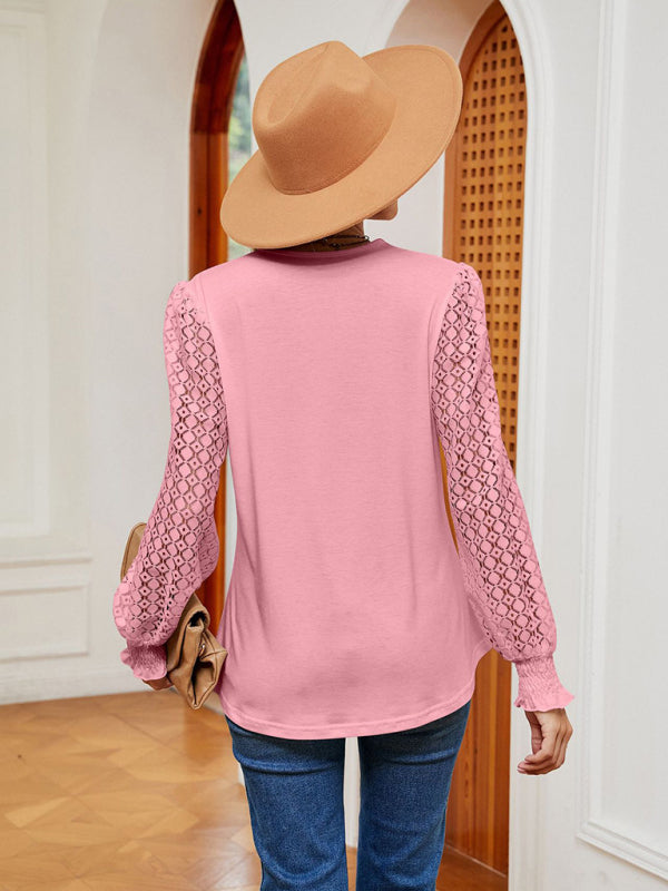 V-neck lace patchwork hollow long-sleeved loose top T-shirt - Venus Trendy Fashion Online