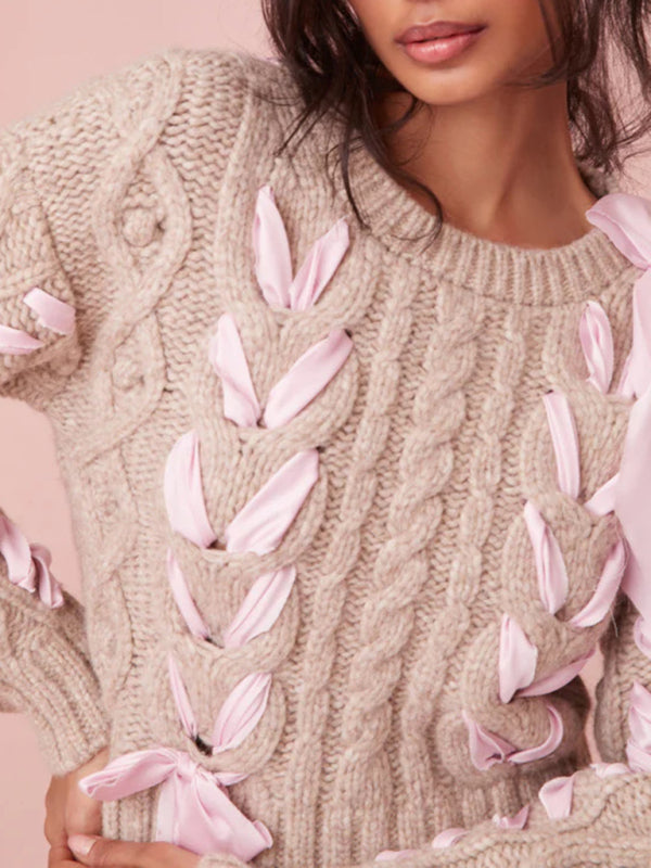 Women's Round Neck Bow Neck Ribbon Sweet Sweater Versatile Top - Venus Trendy Fashion Online