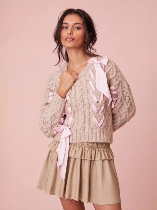 Women's Round Neck Bow Neck Ribbon Sweet Sweater Versatile Top - Venus Trendy Fashion Online