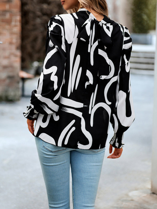 Women's printed turtleneck puff sleeve top blouse - Venus Trendy Fashion Online