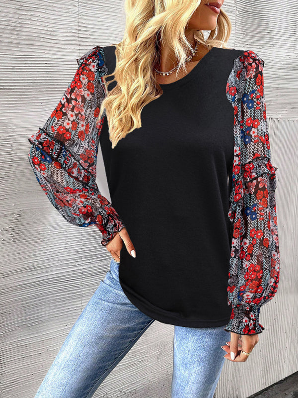 Women's printed sleeve patchwork crew neck shirt - Venus Trendy Fashion Online