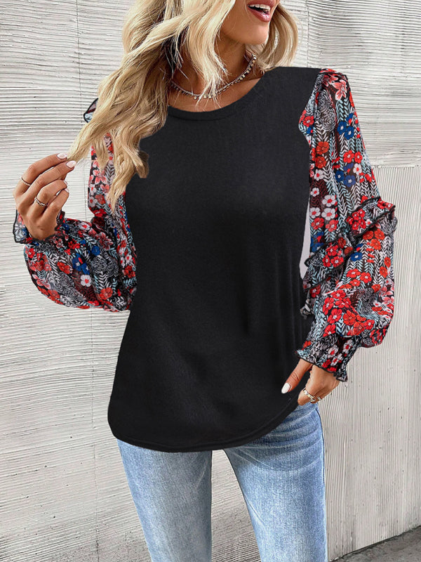 Women's printed sleeve patchwork crew neck shirt - Venus Trendy Fashion Online