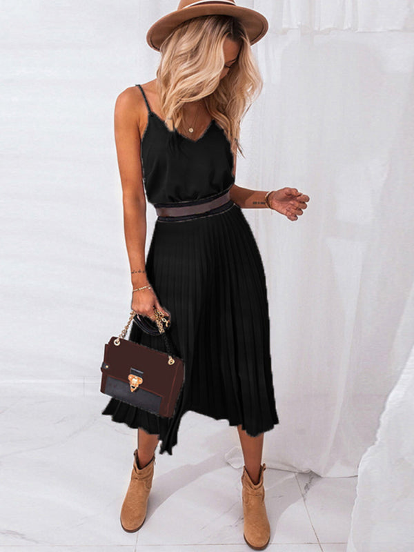 Women's loose and sexy V-neck pleated midi dress (belt not included) - Venus Trendy Fashion Online