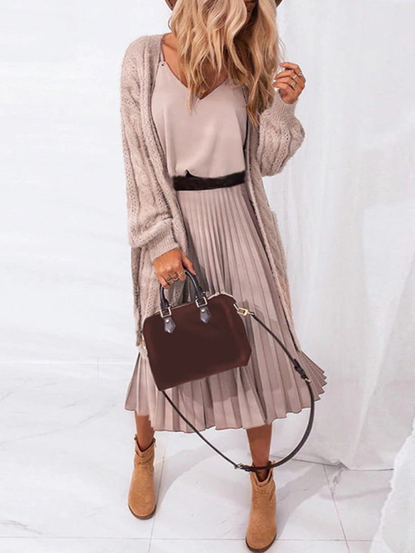 Women's loose and sexy V-neck pleated midi dress (belt not included) - Venus Trendy Fashion Online