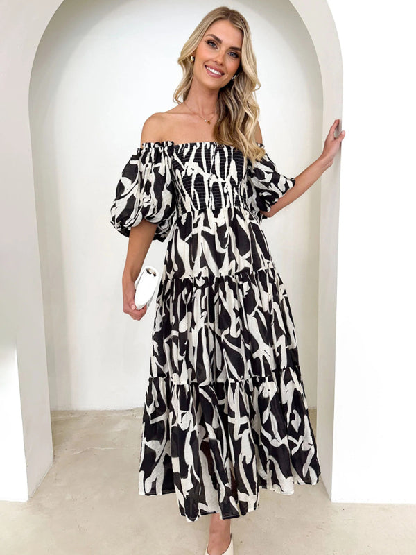 Women's Resort Style Puff Sleeve Printed French Cake Dress - Venus Trendy Fashion Online