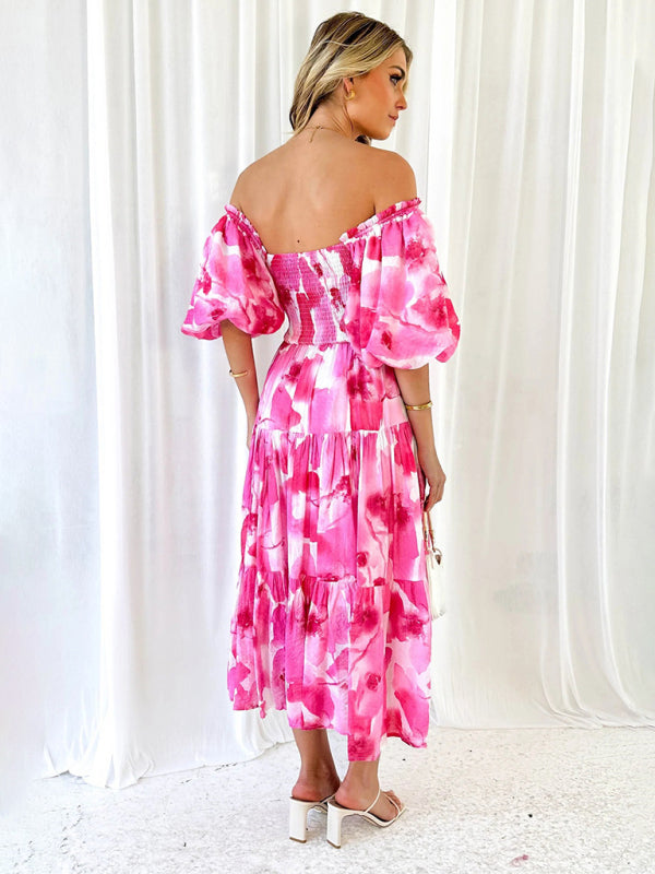 Women's Resort Style Puff Sleeve Printed French Cake Dress - Venus Trendy Fashion Online