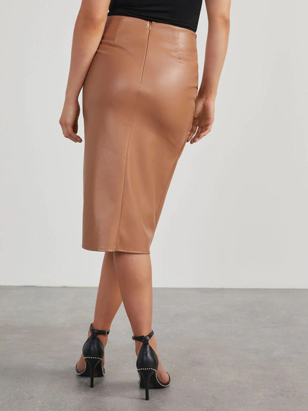New solid color slit mid-length butt-covering leather skirt - Venus Trendy Fashion Online