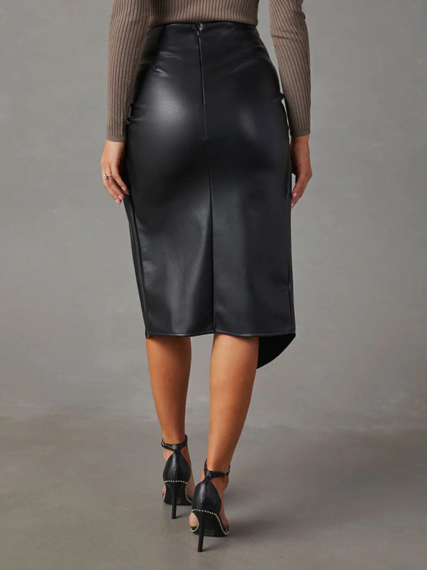 New solid color slit mid-length butt-covering leather skirt - Venus Trendy Fashion Online