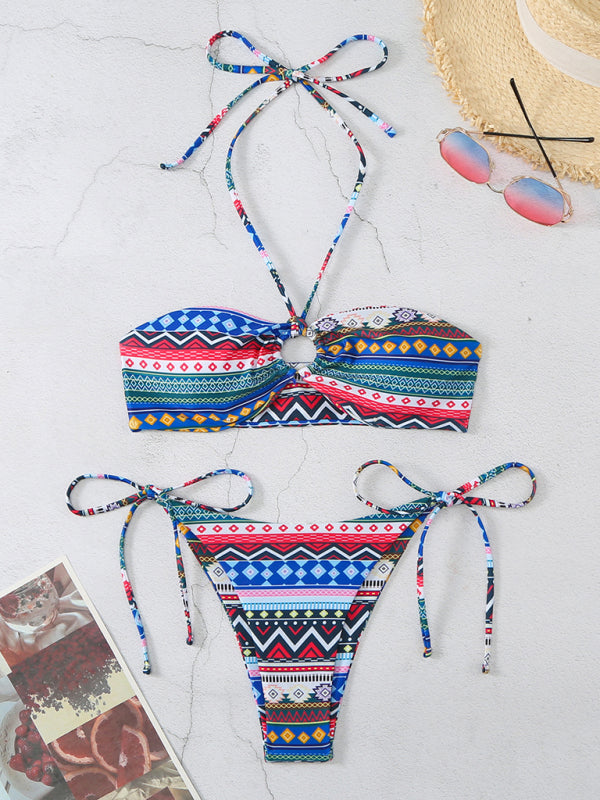 New style halterneck lace-up adjustable briefs printed multi-color split bikini - Venus Trendy Fashion Online
