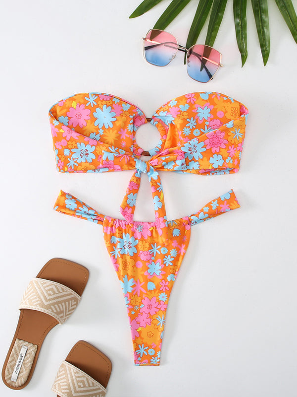 New floral plaid print bandeau bikini - Venus Trendy Fashion Online