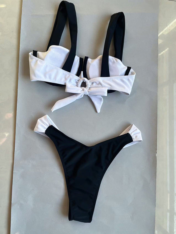 Women's black and white color matching beach strap suspender sexy two piece bikini - Venus Trendy Fashion Online