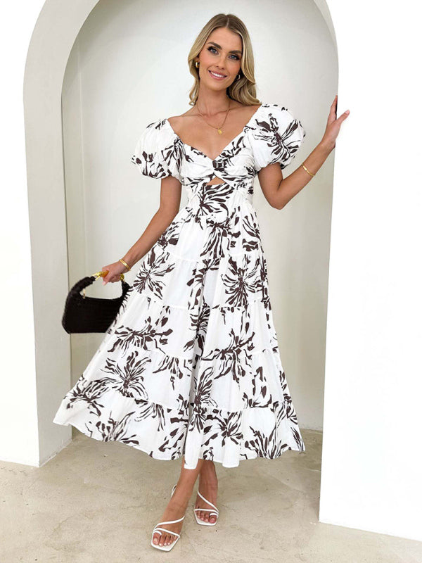 Women's Slim Fit Printed Puff Sleeve Swing Dress - Venus Trendy Fashion Online