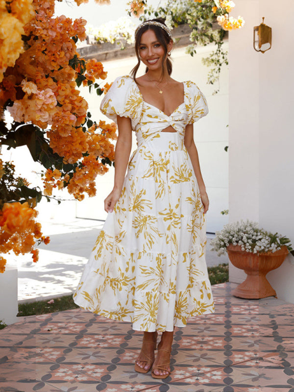 Women's Slim Fit Printed Puff Sleeve Swing Dress - Venus Trendy Fashion Online