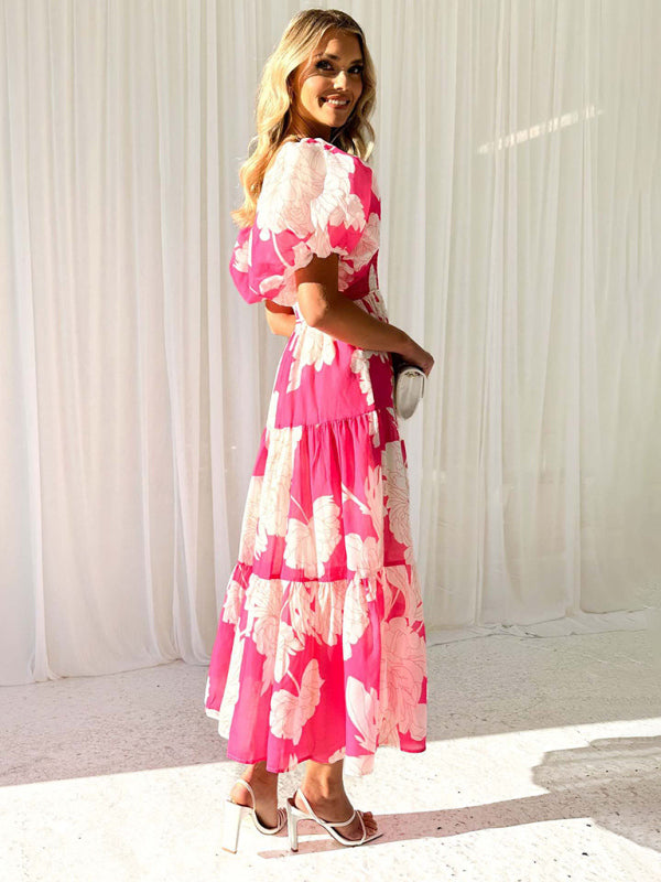 Women's Elegant Printed One Shoulder Puff Sleeve Fashion Dress - Venus Trendy Fashion Online