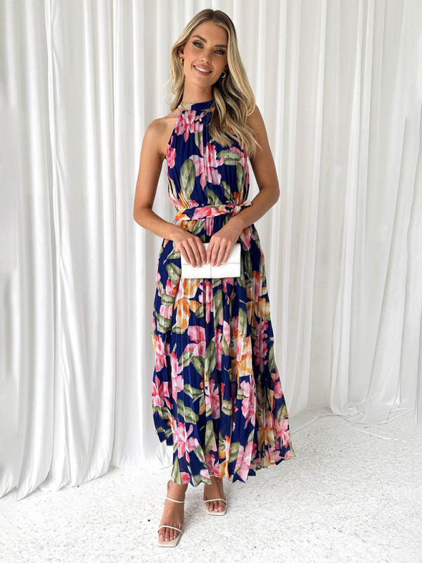 Women's Halterneck Sleeveless Printed Casual Vacation Swing Dress - Venus Trendy Fashion Online