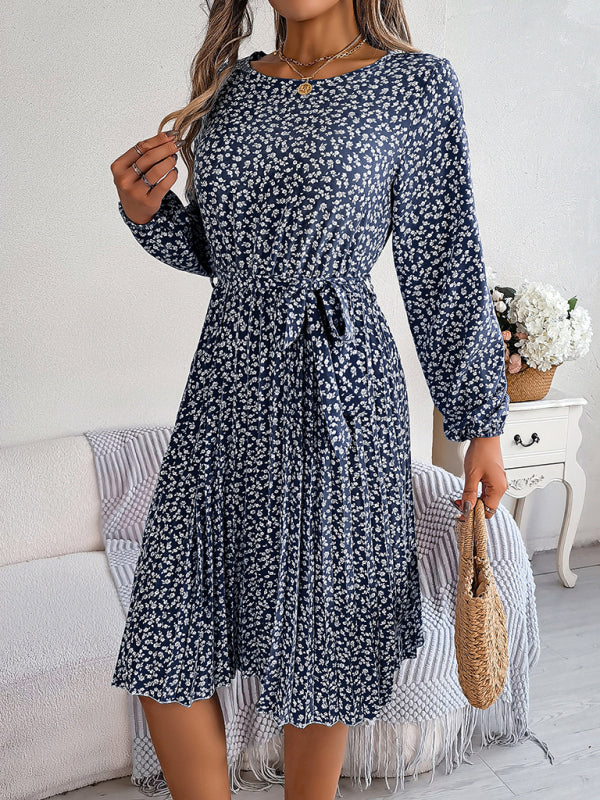 Women's casual long-sleeved floral large hem pleated dress - Venus Trendy Fashion Online