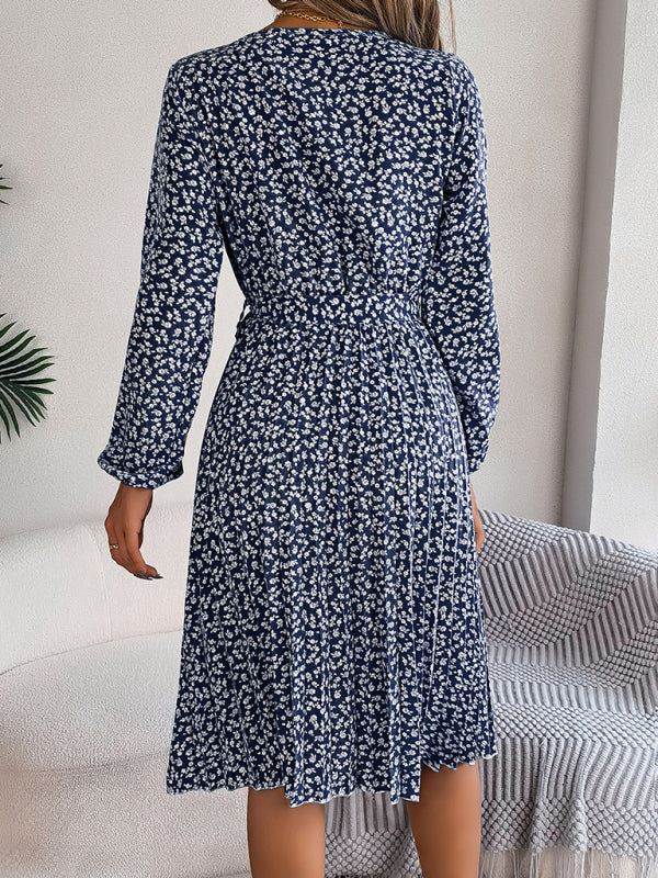 Women's casual long-sleeved floral large hem pleated dress - Venus Trendy Fashion Online