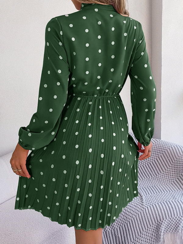 Women's elegant polka-dot lace-up waist long-sleeved pleated skirt - Venus Trendy Fashion Online